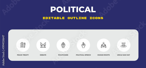 outline political icons set - peace treaty, debate, politicians. editable vector for web and mobile ui