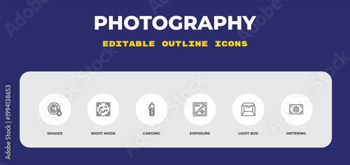 outline photography icons set - shades, night mode, carging. editable vector for web and mobile ui