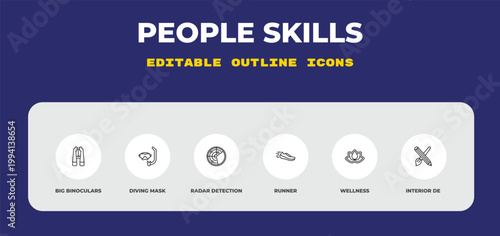 outline people skills icons set - big binoculars, diving mask, radar detection. editable vector for web and mobile ui