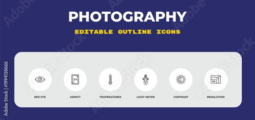 outline photography icons set - red eye, aspect, temperatures. editable vector for web and mobile ui