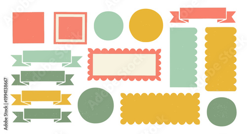 collection of hand-drawn geometric shapes and textured ribbon banners in retro muted colors perfect for graphic design.
