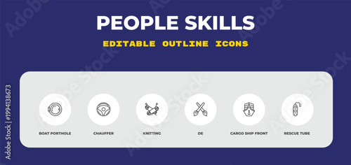 outline people skills icons set - boat porthole, chauffer, knitting. editable vector for web and mobile ui