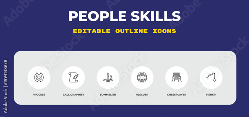 outline people skills icons set - process, calligraphist, sommelier. editable vector for web and mobile ui