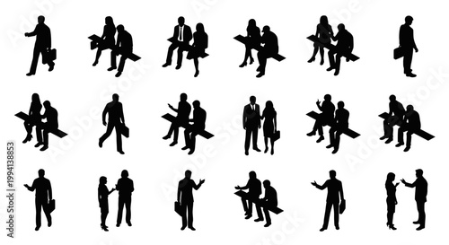 a versatile set of isometric business people silhouettes walking sitting on benches and talking for corporate designs.