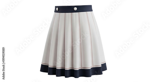 Pleated A-line Skirt with Navy Waistband and Hem