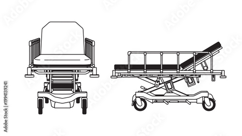 Detailed Line Art Illustration of a Modern Medical Emergency Stretcher, Showcasing Front and Side Views, Essential Hospital Equipment for Patient Transport and Care.