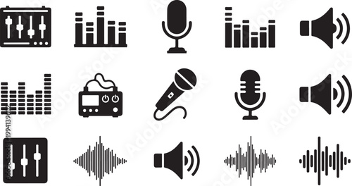 Sound wave, audio meter, microphone icons, vector sound effects, music symbols, 16 black graphics