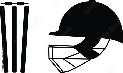 Cricket helmet, bats, sports equipment, athletic gear, black icons