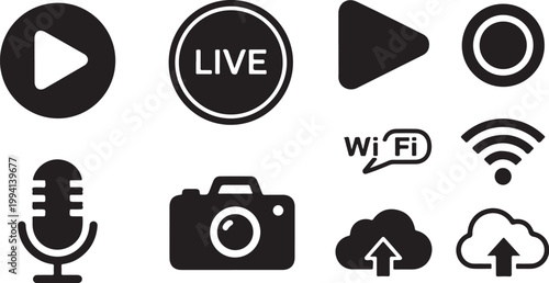 Black icons for live streaming, social media, and online content creation, set of 9