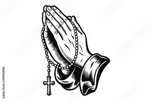 Praying hands with rosary beads and cross, vintage styled vector illustration.