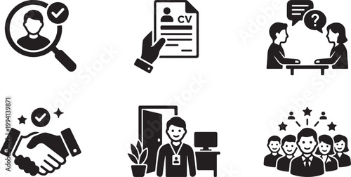 Recruitment process icons in a grid with a search CV interview handshake employee and team concept Isolated on white background