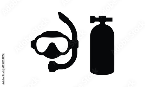 Scuba diving gear, snorkeling equipment, diving accessories, black icons