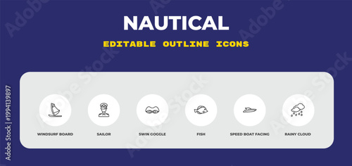outline nautical icons set - windsurf board, sailor, swin goggle. editable vector for web and mobile ui