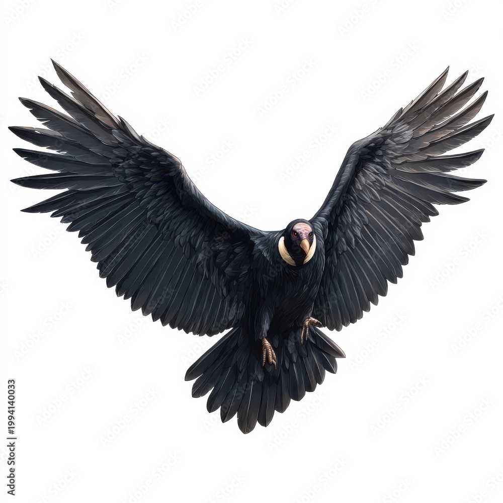 Fototapeta premium Majestic Andean Condor Spreading Black Wings in Flight Against White Background