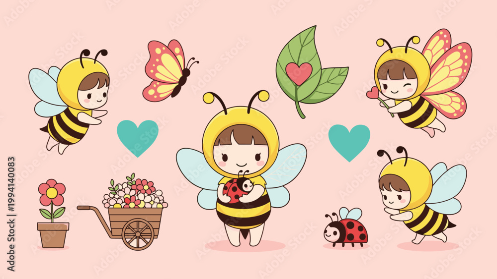 Fototapeta premium Cute little girls in garden insect costumes like honeybees and ladybugs playing among flowers and hearts in a spring meadow scene.