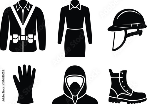 Industrial safety icons, protective gear, workwear, equipment symbols