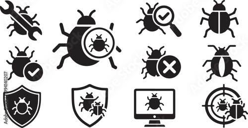 Bug, virus, malware, and error icons, black vector set, security symbols, web bugs