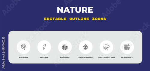 outline nature icons set - magnolia, acicular, eco globe. editable vector for web and mobile ui