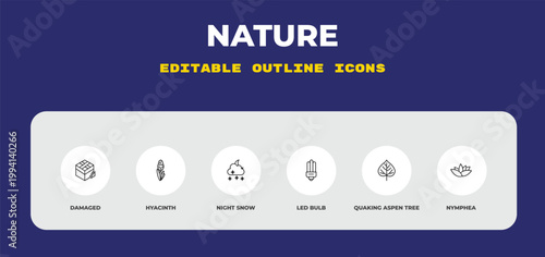 outline nature icons set - damaged, hyacinth, night snow. editable vector for web and mobile ui