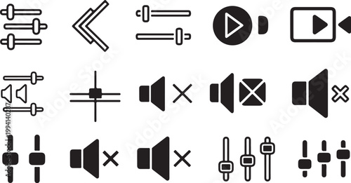 Black and white media control icons, audio and video symbols, playback and volume vector graphics