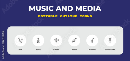 outline music and media icons set - jazz, viola, cymbal. editable vector for web and mobile ui