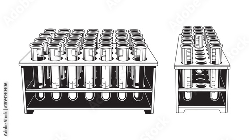 Black and white line art illustration of laboratory test tubes in racks, essential scientific equipment for medical research and chemical experiments.