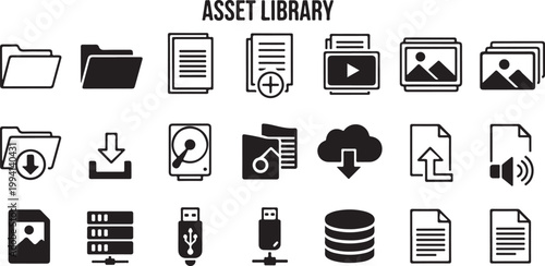 Black and white icon set, 20 file and data management symbols, vector graphics, business and technology illustrations