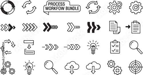 Process workflow icons, business process management, workflow diagram symbols, 25 black line icons