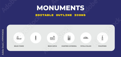 outline monuments icons set - belem tower, , bran castle. editable vector for web and mobile ui