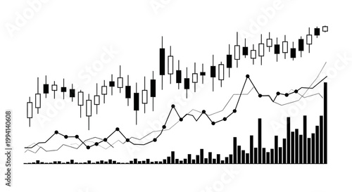 Black and white candlestick stock market chart with volume bars