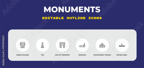 outline monuments icons set - greek column, the, arc of triomphe. editable vector for web and mobile ui