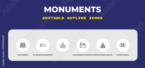 outline monuments icons set - pula arena, al shaheed monument, . editable vector for web and mobile ui