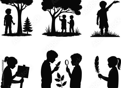 Nature exploration, kids silhouette icons, black vector graphics, outdoor activities, educational illustrations