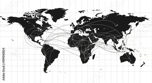 Black world map with global connection lines on grid background