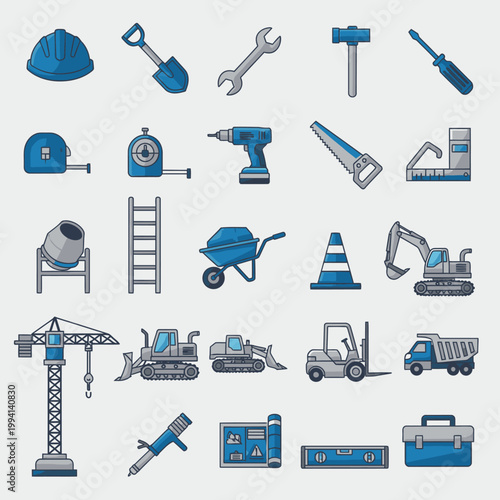 Blue construction equipment and building tool icon set