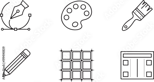 Creative design tools including pen tool palette and brush with pencil and grid isolated on white background