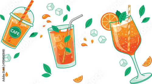 Orange Juice and Cocktail Vector Set Featuring Fresh Citrus Drinks, Glasses, Ice Cubes, Mint Leaves, and Cafe Beverage Illustrations in Bright Style