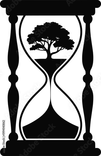 Black hourglass tree silhouette, eco concept, time, nature, conservation