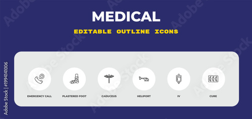 outline medical icons set - emergency call, plastered foot, caduceus. editable vector for web and mobile ui