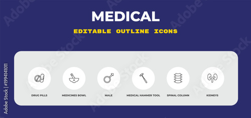 outline medical icons set - drug pills, medicines bowl, male. editable vector for web and mobile ui