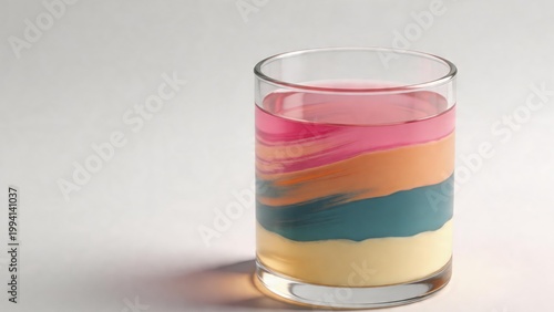 Colorful layered drink in glass with pink, orange, and blue colors