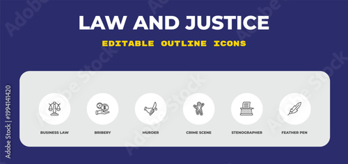 outline law and justice icons set - business law, bribery, murder. editable vector for web and mobile ui
