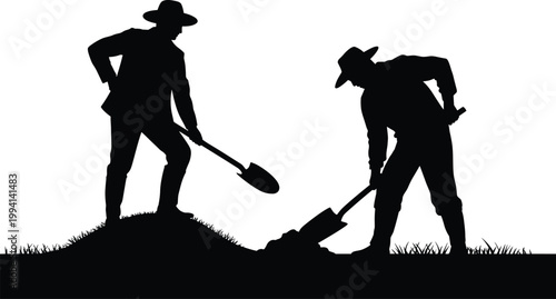 Farm workers, laborers, digging, shoveling, agriculture, farming, vector icons