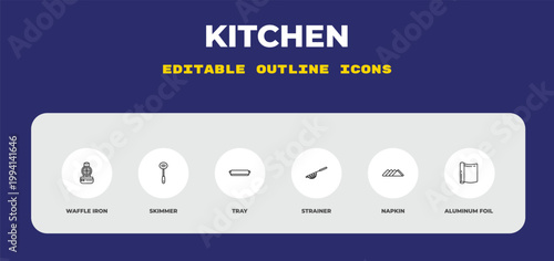 outline kitchen icons set - waffle iron, skimmer, tray. editable vector for web and mobile ui