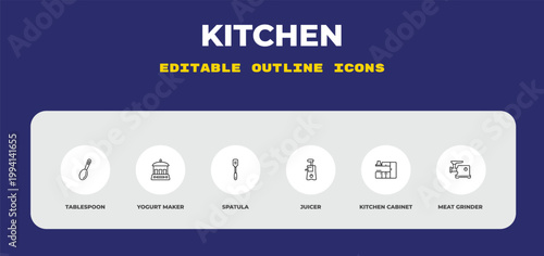 outline kitchen icons set - tablespoon, yogurt maker, spatula. editable vector for web and mobile ui