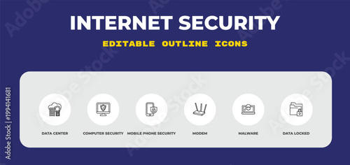 outline internet security icons set - data center, computer security, mobile phone security. editable vector for web and mobile ui