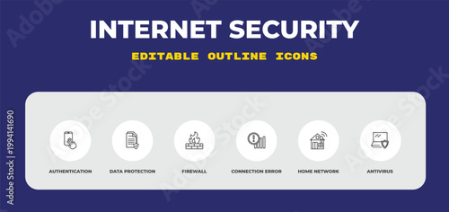 outline internet security icons set - authentication, data protection, firewall. editable vector for web and mobile ui