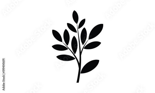 Black leaf, branch, vector icon, minimalist design, plant symbol
