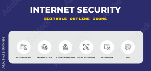 outline internet security icons set - data unclocked, internet attack, internet connection. editable vector for web and mobile ui