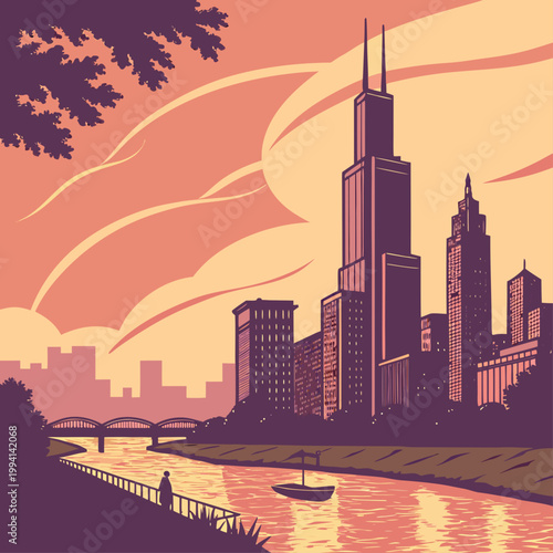 City skyline at sunset with river and boat architecture metropolitan buildings landscape downtown reflection skyscraper sightseeing vacation metropolis illustration infrastructure